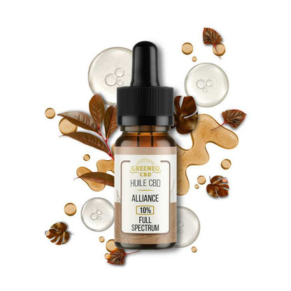 Huile CBD GREENEO 10% full spectrum : flacon verre ambré noir, étiquette Alliance
