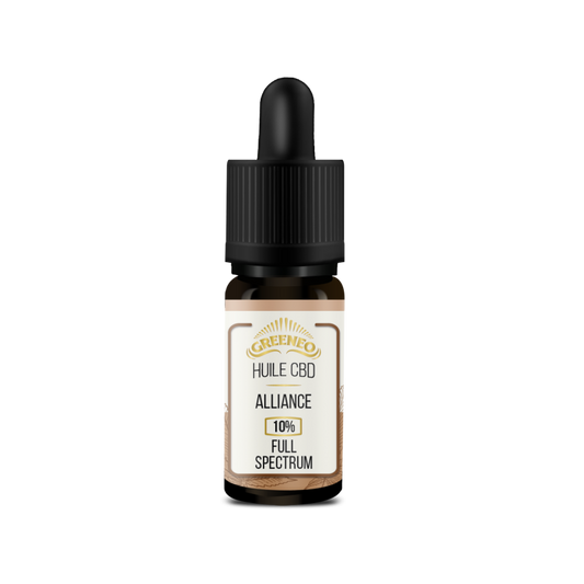 Huile CBD GREENEO 10% full spectrum en flacon verre ambré, étiquette Alliance