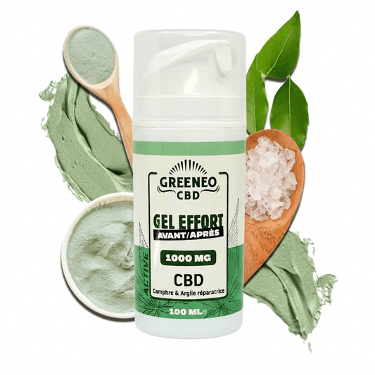 Gel CBD GREENEO flacon blanc étiquette verte; gel vert sur cuillères et feuilles