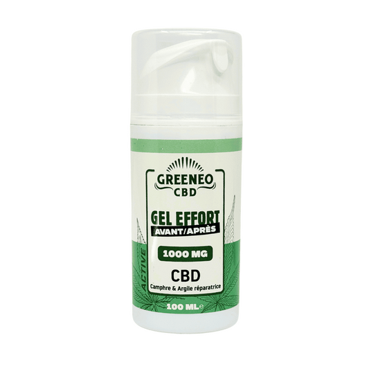 Gel CBD GREENEO en flacon blanc, étiquette verte «Gel Effort» 1000 mg