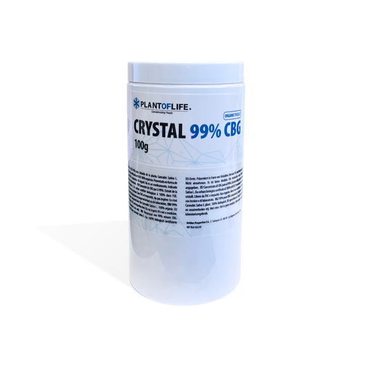 Pot de cristaux CBG 99% 100 g PlantofLife, pot blanc avec étiquette bleue