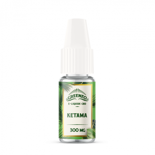 Flacon d’e-liquide CBD GREENEO Ketama sans nicotine, étiquette verte, bouchon blanc.