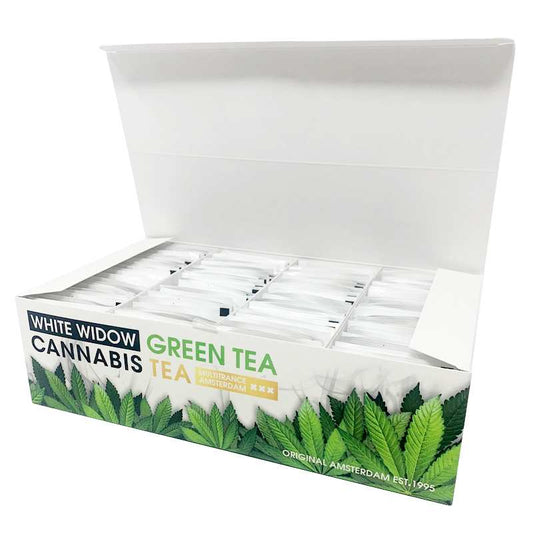 Boîte ouverte de thé CBD White Widow Green Tea, 100 sachets, motif cannabis et feuilles