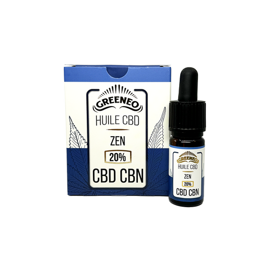 Coffret et flacon d’huile CBD CBN zen GREENEO 20% avec compte-gouttes noir