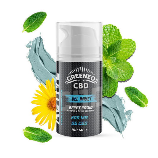 Gel CBD à effet froid GREENEO en flacon cylindrique blanc et gris