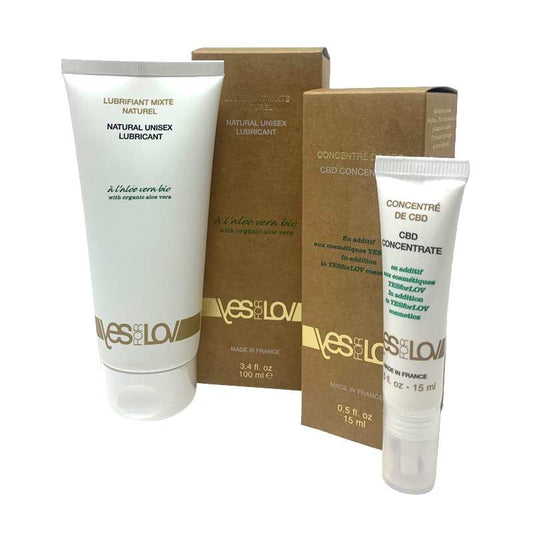 Lubrifiant bio aloe vera et concentré CBD YES FOR LOV, tubes et étuis.