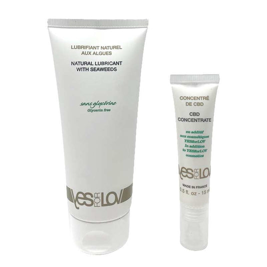 Tube blanc de lubrifiant naturel aux algues et petit tube concentré de CBD YES FOR LOV
