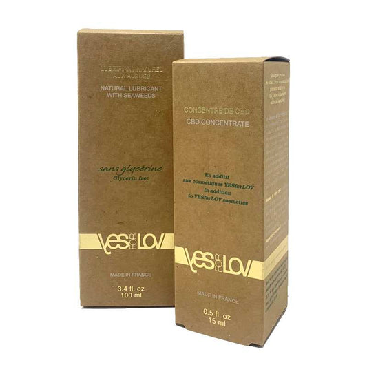 Boîte en carton brune du lubrifiant naturel aux algues et concentré de CBD YES FOR LOV