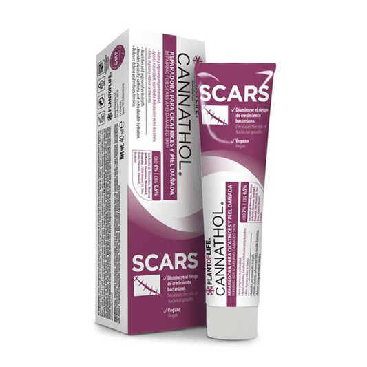 Crème pour cicatrices en tube blanc et boîte violette CANNATHOL