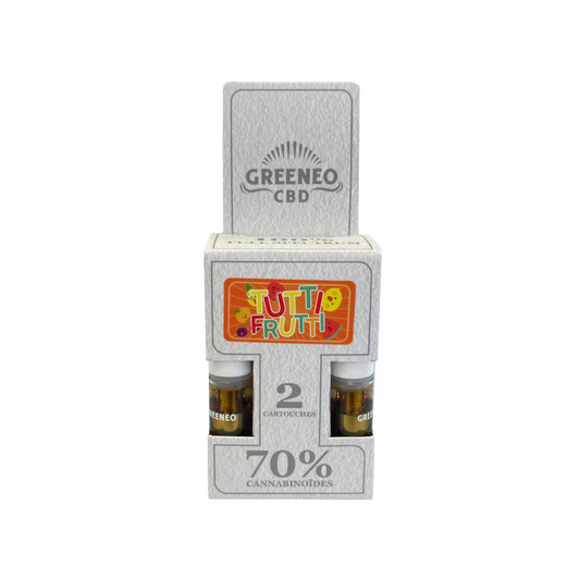 Lot de 2 cartouches CBD GREENEO, arôme Tutti Frutti, 70% cannabinoïdes, sans nicotine