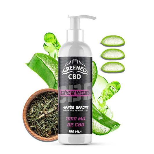 Crème de massage CBD après effort GREENEO en flacon blanc avec pompe, 100 mL.
