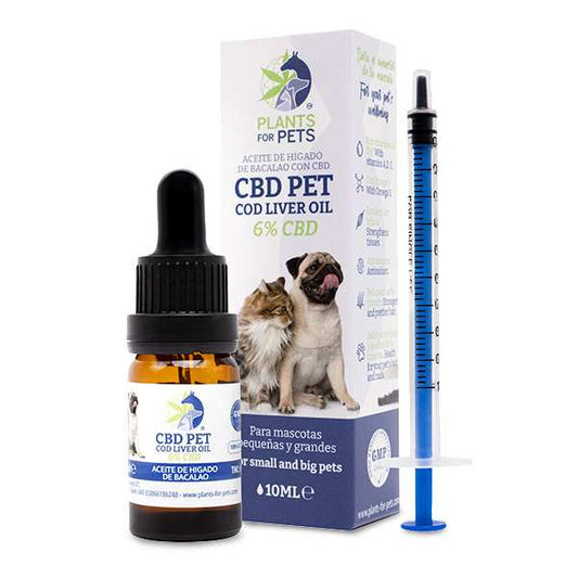 Huile CBD pour animaux 6% avec compte-gouttes, flacon en verre ambré.