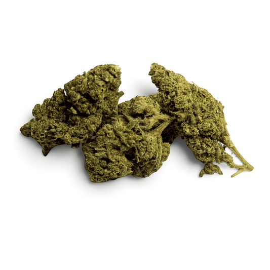 Fleurs de CBD vertes, morceaux secs avec petits brins, aspect touffu