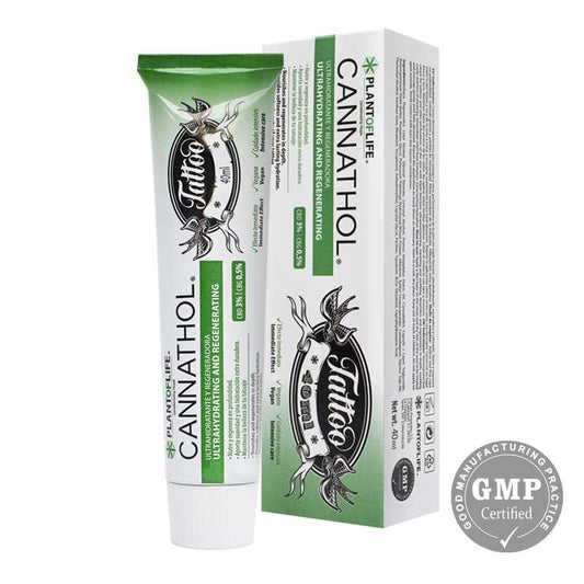 Crème pour tatouages CANNATHOL : tube et boîte, marquage GMP