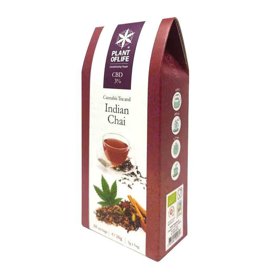 Boîte de thé CBD Indian Chai PLANT OF LIFE, face avant bordeaux et blanche