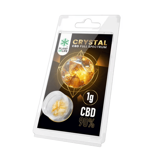 Cristaux CBD 90%, sachet 1 g PLANT OF LIFE, emballage transparent et cristaux