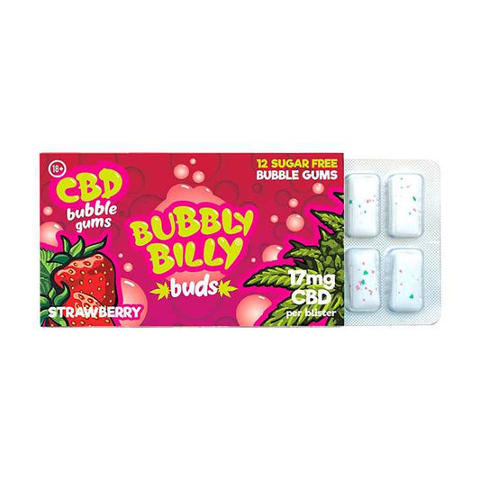 Boîte de 24 chewing-gum CBD à la fraise BUBBLY BILLY et plaquette sous blister