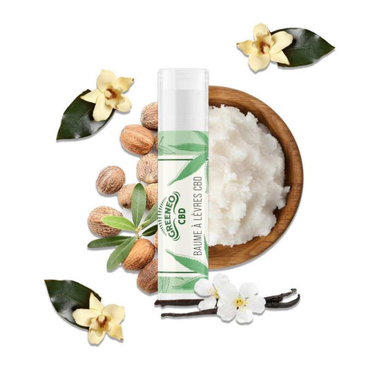 Stick lèvres CBD GREENEO, baume hydratant en tube blanc avec inscription verte