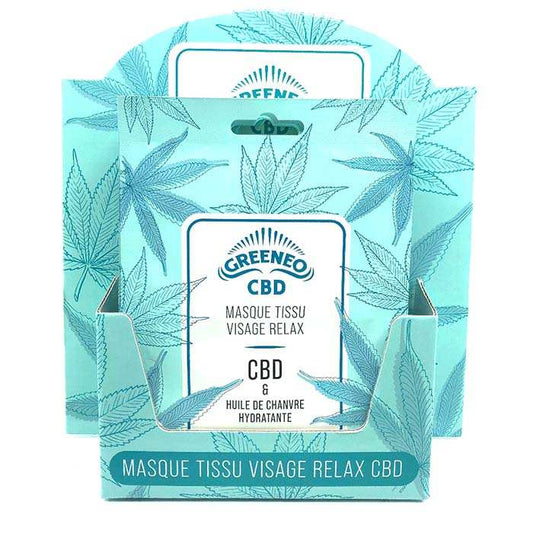 Masque tissu visage relax CBD GREENEO, emballage turquoise à motifs de feuilles.