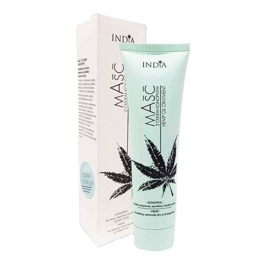 Crème pour peaux très sèches : tube turquoise et boîte blanche INDIA, motifs chanvre