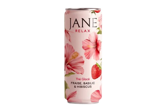 Canette de thé glacé JANE Relax, motif fraises et fleurs d’hibiscus