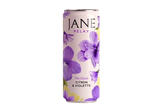 Boîte de thé glacé Citron & Violette JANE RELAX, design fleurs violettes