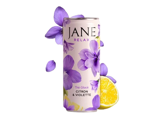 Boîte de thé glacé Citron & Violette JANE RELAX, fleurs violettes et citron