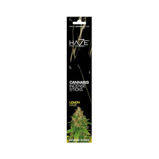 Bâtonnets d’encens HAZE Lemon Haze, étui noir avec feuille de cannabis verte