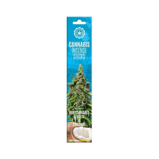 Boîte de bâtons d’encens au cannabis, feuilles séchées et noix de coco
