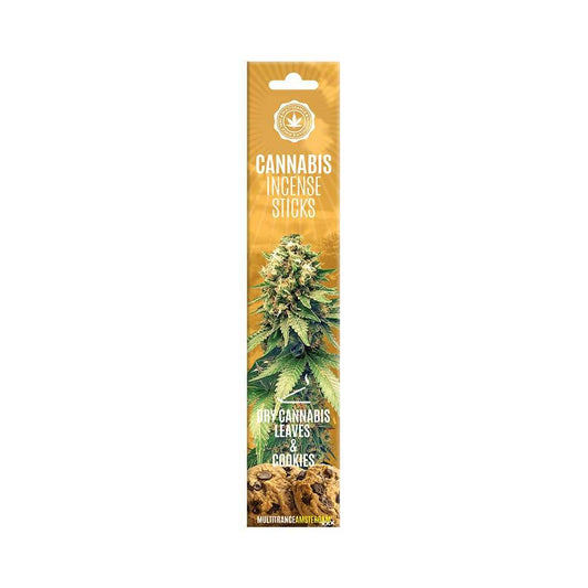 Boîte d’encens en bâtons au cannabis, 15 bâtons, emballage beige illustré.