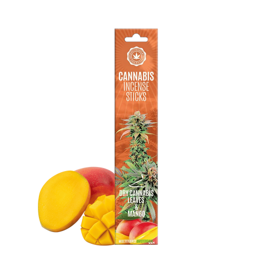 Bâtonnets d’encens cannabis et mangue Multitrance, étui et morceaux de mangue