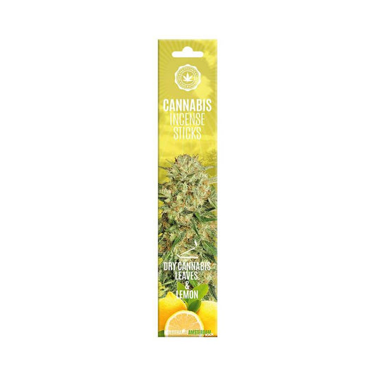 Boîte d’encens cannabis en bâtonnets, feuilles sèches, parfum citron.