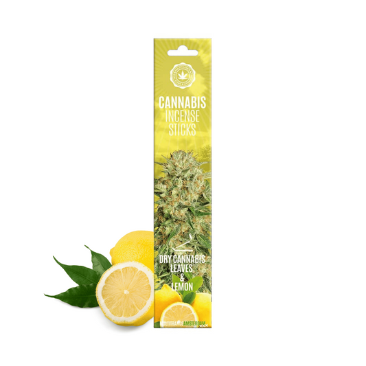 Boîte d’encens cannabis en bâtonnets avec tranches de citron et feuilles vertes.