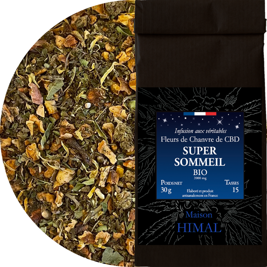 Tisane CBD bio Super Sommeil en vrac, sachet kraft avec étiquette bleue.