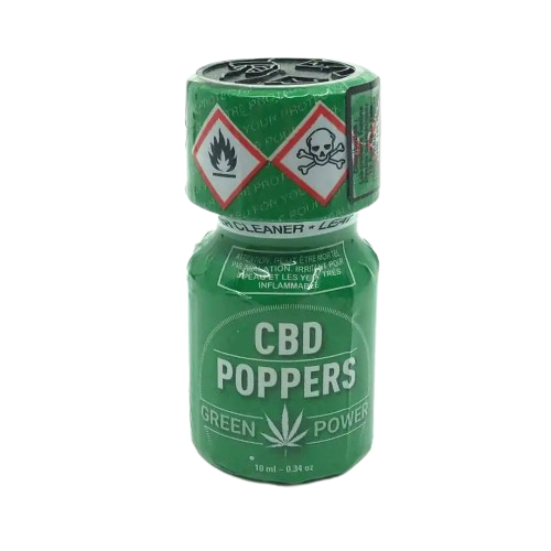 Bouteille de CBD Poppers Green Power verte avec étiquette et feuille de cannabis
