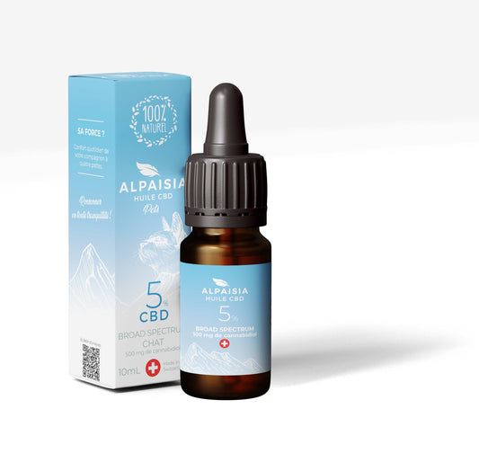 Huile CBD 5% ALPAISIA en flacon compte-gouttes et boîte pour chat