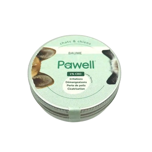 Baume CBD apaisant pour animaux en pot circulaire vert clair, étiquette PAWELL
