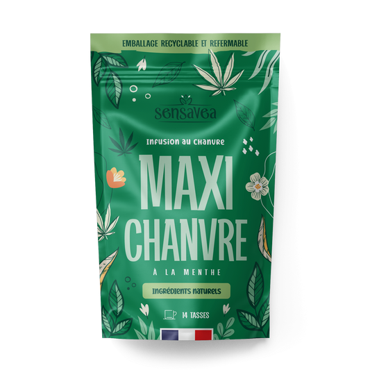 Tisane CBD maxi chanvre à la menthe SENSAVEA, sachet vert design botanique