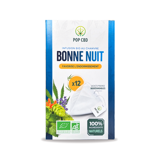 Tisane CBD bio Bonne Nuit en sachets, boîte x12, 100% ingrédients naturels POP CBD