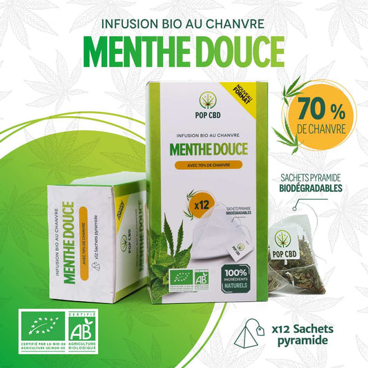 Boîte de tisane menthe douce CBD bio POP CBD, sachets pyramidaux biodégradables