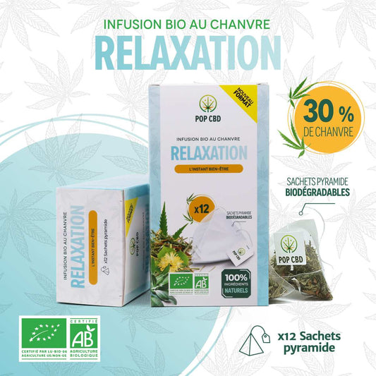 Boîte de tisane CBD bio Relaxation avec sachets pyramides, 12 portions