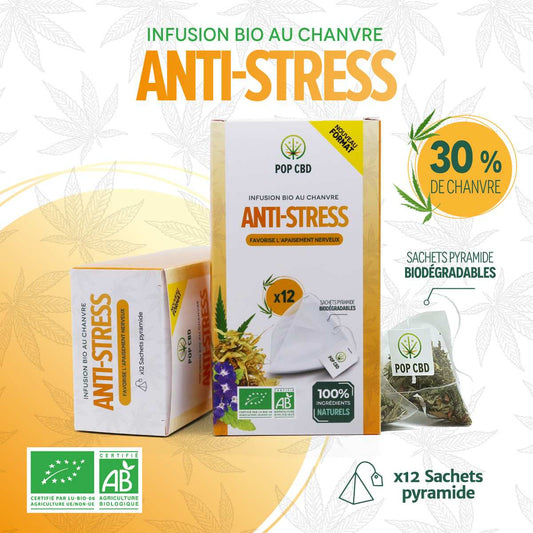 Tisane CBD bio anti-stress en sachets pyramidaux, boîte et sachet visibles