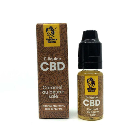 E-liquide CBD caramel au beurre salé : flacon noir avec étiquette caramel et boîte assortie