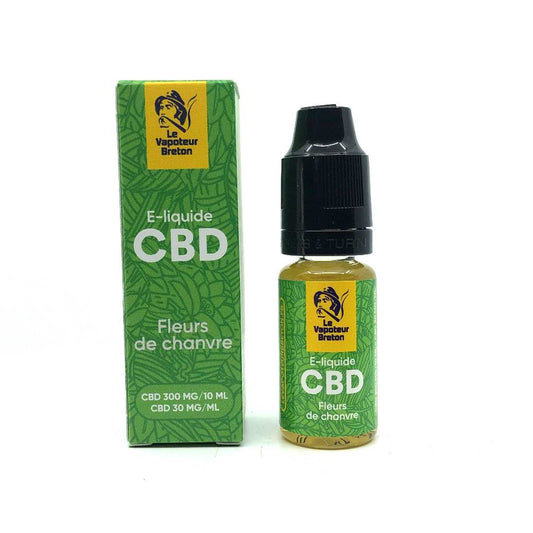 E-liquide CBD fleurs de chanvre sans nicotine : flacon compte-gouttes et boîte