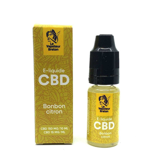 E-liquide CBD bonbon citron 150 mg sans nicotine : flacon et boîte