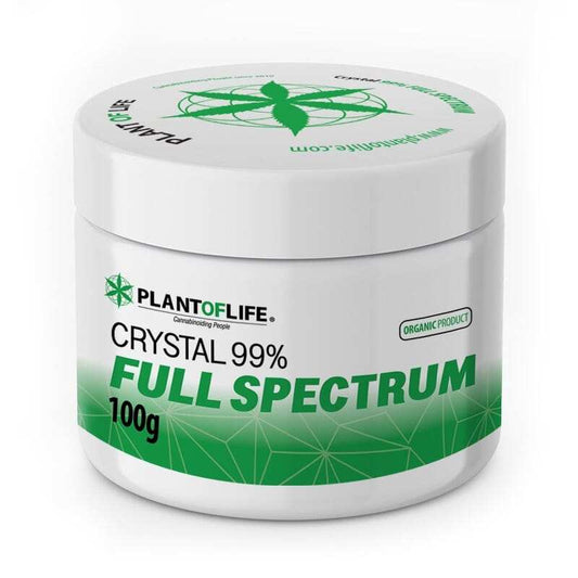Boîte de cristaux CBD 99% full spectrum 100 g PlantofLife, étiquette verte.