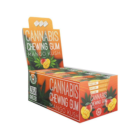 Boîte de 24 chewing-gum CBD mangue, emballage orange et vert « Cannabis Chewing Gum »