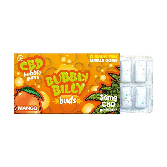 Gommes CBD sans sucre à la mangue BUBBLY BILLY, boîte et blister de 12