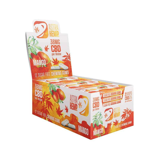 Boîte de 12 chewing-gums CBD mangue ASTRA HEMP, face et côté imprimés