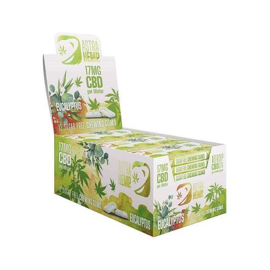 Boîte de 24 chewing-gums CBD à l’eucalyptus sans sucre, vue de côté